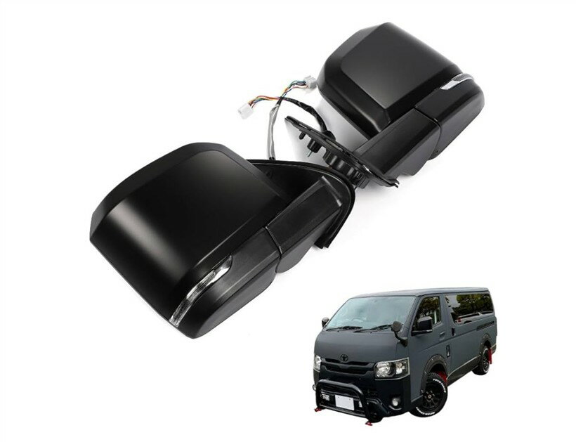 互換品 ハイエース 200系 6型ルック ドアミラー 電動格納 電動調整 ウィンカー付き カプラーオン 左右セット (マットブラック)