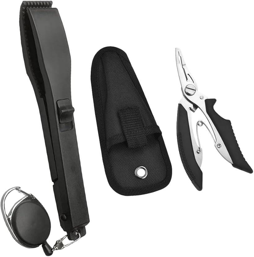 釣り トング 魚つかみ ワニグリップ ワイヤーリール付 プライヤー ホルスター 4点 セット (ブラック)