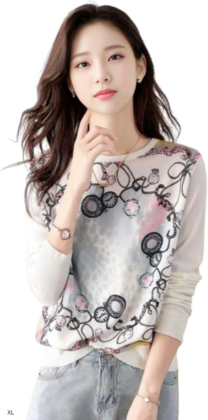 ジェイスコット ニットトップス プルオーバー レディース ラウンドネック 異素材レイヤード スカーフ柄 レオパード (ホワイト, XL)