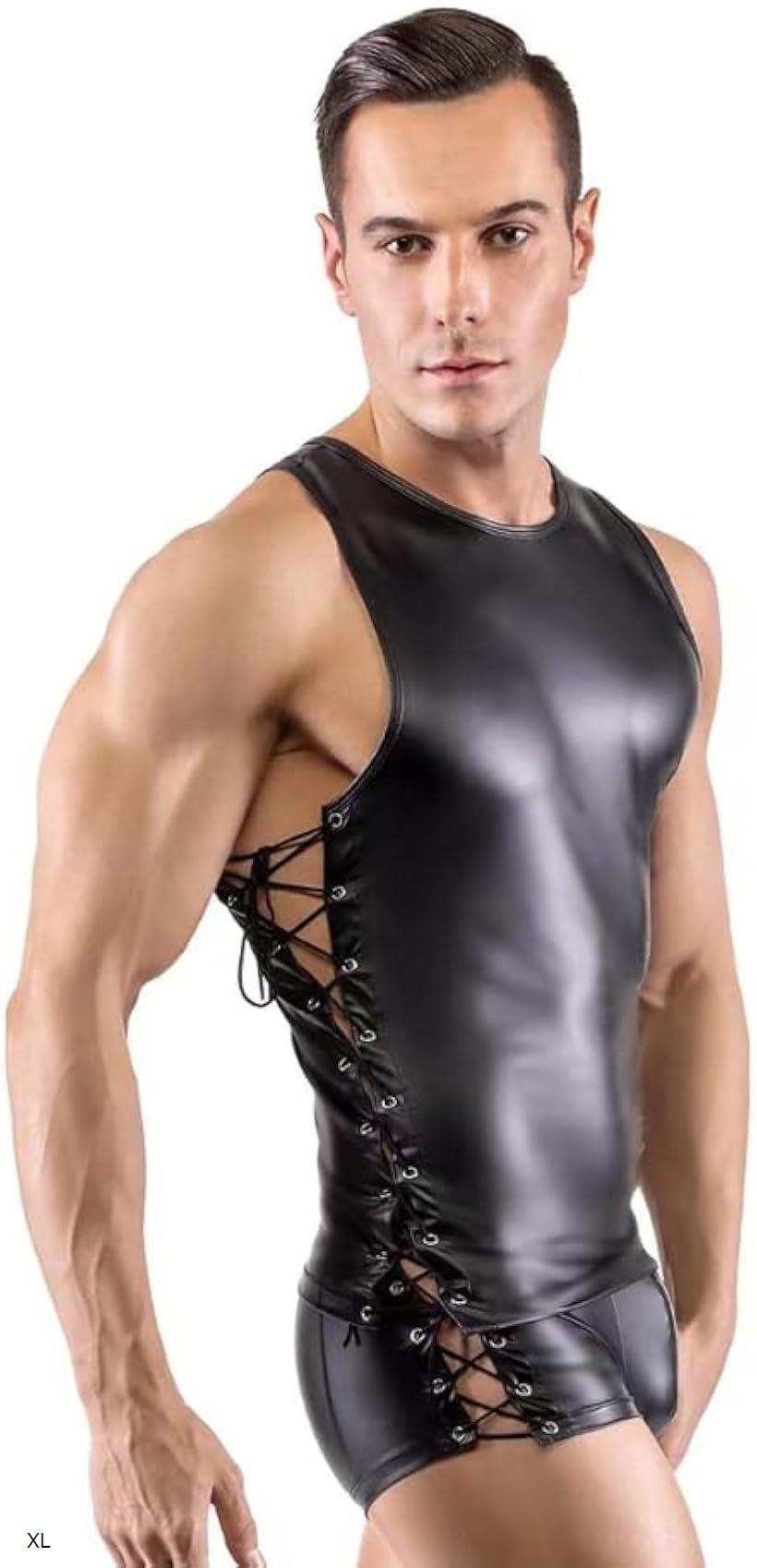 ボンテージ 上下セット PUレザー ボディースーツ 光沢 エナメル調 パーティー コスプレ ショートパンツ ノースリーブ余興 仮装 ステージ衣装 イベント (ブラック, XL)