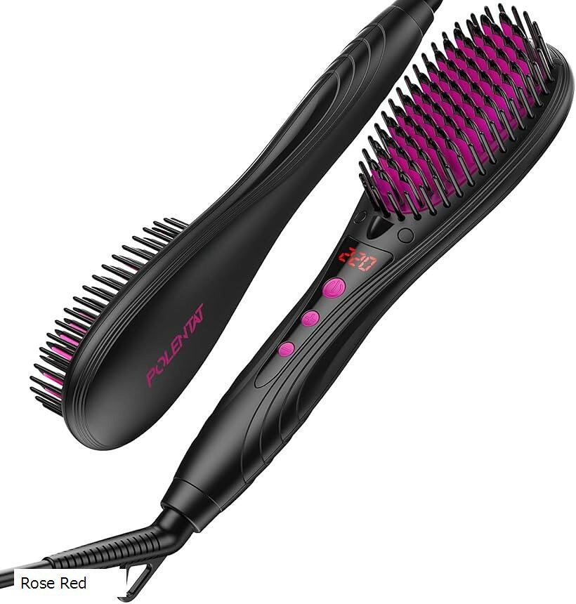 バリエーションコード : 2bu65sskqf商品コード2buf56j32d商品名ストレートブラシ ブラシ型ヘアアイロン ヒートブラシ マイナスイオン搭載 サロン級 MAX220℃ デジタル温度表示 6段階温度調整 温度記憶 急速加熱 静電気防止 火傷防止 自動電源オフ 時短スタイリング 海外対応 収納袋付き プレゼントブランドPOLENTATカラーRose Red「美容師おすすめ・マイナスイオンで髪にツヤと潤いを」美容師免許・管理美容師免許取得のキャリア20年のベテラン現役美容師ガジャーさんはこのヒートブラシが推薦されます。POLENTATストレートブラシは、億単位のマイナスイオンを発生するイオナイザーを搭載。寝ぐせ・広がり・うねりを整えながら、静電気などのプラスイオンを中和し、キューティクルを保護します。髪に潤いと自然なツヤを与え、サロン帰りのような質感を毎日実感できます。さらに、ヒートピンにはセラミックコーティングを施し、摩擦を軽減しながらなめらかな通り心地を実現。高密度配置でも絡みにくく、毛先までしっかりキャッチ。髪をやさしく整えるので、ダメージが気になる方や敏感な髪質の方にも安心してご使用いただけます。毎日のスタイリングに使える安心設計で、忙しい朝もスムーズに美しい仕上がりに。「サラツヤ髪へ導く・安心の火傷防止設計」高濃度マイナスイオン発生器を搭載し、スタイリング時の静電気を効果的に抑制。乾燥しがちな冬でも髪に潤いとツヤを与え、パサつきを抑えて、指通りなめらかなサラツヤ髪に仕上がります。さらに、ヒートブラシの先端部分は耐熱素材でしっかり保護されており、ブラシが直接肌に触れにくい設計。従来の挟み込むヘアアイロンと異なり、火傷のリスクを大幅に軽減。初心者の方でも安心してお使いいただけます。また、最大220℃のプロ仕様高温設定で、髪質やスタイリング目的に応じて幅広く対応。くせ毛を伸ばしたい方も、軽くボリュームを出したい方もこれ1本でOK。日常のケアからお出かけ前の仕上げまで、これ一本で美しいスタイルをサポートします。「6段階温度調節・髪にやさしいクシ通り」120℃～220℃までの20℃刻み6段階温度調節が可能で、細くて柔らかい髪やダメージ毛、太くて硬い髪など、あらゆる髪質にぴったりの温度を簡単に設定できます。シンプルで使いやすい操作ボタンは、＋/－ボタンで直感的に温度調整が可能。さらに、誤操作を防ぐためにボタンは凹型デザインとなっており、スタイリング中にうっかり触れてしまう心配もありません。また、ブラシの櫛歯は滑らかな楕円形設計。髪に引っかかりにくく、スムーズなブラッシングで摩擦や引っ張りによるダメージを軽減。髪へのやさしさを考え抜いた設計で、毎日のスタイリングがもっと快適になります。「急速加熱・時短スタイリング」わずか60秒で120℃に到達する高速ヒートアップを実現。一般的なブラシアイロン（約90～120秒）に比べて約30～50％の時短を実現し、朝の貴重な時間を有効に活用できます。さらに、デジタル温度表示を搭載しているため、温度の上昇具合や現在の設定温度がひと目で確認でき、スタイリングのタイミングも逃しません。広いブラシ面＆高密度の櫛歯設計により、熱がムラなく髪全体に伝わり、ブラッシングするだけでナチュラルなストレートヘアに仕上がります。髪への負担も少なく、初心者でも使いやすい設計で、毎朝のスタイリングがもっとスムーズに。また、旅行先や外出先でも素早く整えられるので、急な予定やお出かけ前の仕上げにもぴったり。忙しい毎日でも、時短xキレイを叶える頼れるアイテムです。「メモリー機能搭載・省エネ設計」従来の有線タイプでは、使用後に毎回プラグを抜く必要があり、不便に感じる方も多くいました。本製品は、電源ボタンを長押しするだけで簡単に電源オフできる設計を採用。プラグを抜く手間が省け、日々の使い勝手が向上しました。また、電源オフ後は液晶画面も完全に消灯し、待機中の不要な電力消費を防止。従来品のように画面が点灯・点滅し続けることもありません。さらに、前回使用した温度を自動記憶するメモリー機能も搭載しているため、毎回温度を再設定する必要がなく、時短＆省エネを同時に実現します。さらに、便利な温度メモリー機能も搭載しています。プラグを抜かずに使用すれば、一度設定した温度が記憶され、次回電源を入れた際には前回の設定温度で起動します。これにより、毎回温度を調整する手間が省け、時間を大幅に節約できるだけでなく、製品寿命の延長にもつながります。「安全設計・海外対応でどこでも安心」万が一電源を切り忘れても安心な自動電源オフ機能（約30分）を搭載。外出前の慌ただしい時間でも、火傷や火災のリスクを軽減します。さらに、電源コードは360°回転式で、どの角度でも自由に使え、ねじれや絡まりの心配がありません。本製品は電気用品安全法（PSE）基準に適合しており、安全性にもこだわった設計。また、100V～240Vの海外対応電圧で、国内はもちろん海外旅行や出張先でもそのまま使用可能です。＊国や地域によって変換プラグが必要な場合がありますので、事前にご確認ください。「POLENTAT」ご注意：製品はすべてPOLENTATブランドであり、PSE認証を取得済みです。類似した非ブランド品や認証のない模倣品にはくれぐれもご注意ください。「パッケージ内容」・ヒートブラシ本体 x1・収納ポーチ x1・取扱説明書 x1※ 他ネットショップでも併売しているため、ご注文後に在庫切れとなる場合があります。予めご了承ください。※ 品薄または希少等の理由により、参考価格よりも高い価格で販売されている場合があります。ご注文の際には必ず販売価格をご確認ください。※ 沖縄県、離島または一部地域の場合、別途送料の負担をお願いする場合があります。予めご了承ください。※ お使いのモニタにより写真の色が実際の商品の色と異なる場合や、イメージに差異が生じることがあります。予めご了承ください。※ 商品の詳細（カラー・数量・サイズ 等）については、ページ内の商品説明をご確認のうえ、ご注文ください。※ モバイル版・スマホ版ページでは、お使いの端末によっては一部の情報が表示されないことがあります。すべての記載情報をご確認するには、PC版ページをご覧ください。