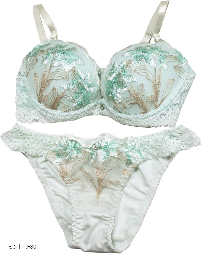 レディース ブラジャー ショーツ セット 女性 下着 花柄 刺繍 ペール フラワー(ミント, F80)