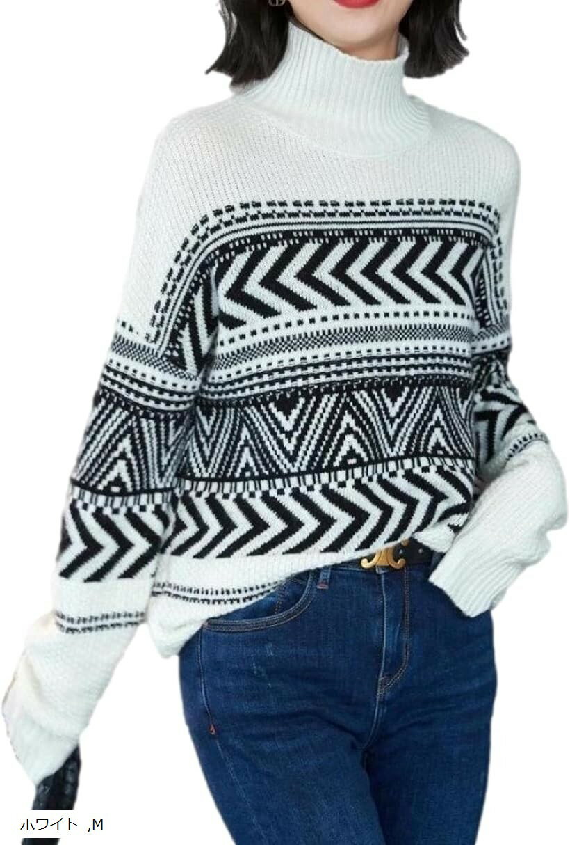 ジェイスコット フェアアイル柄ニット レディース ボトルネックセーター ドロップショルダー 長袖 ゆったり 幾何学 (ホワイト, M)