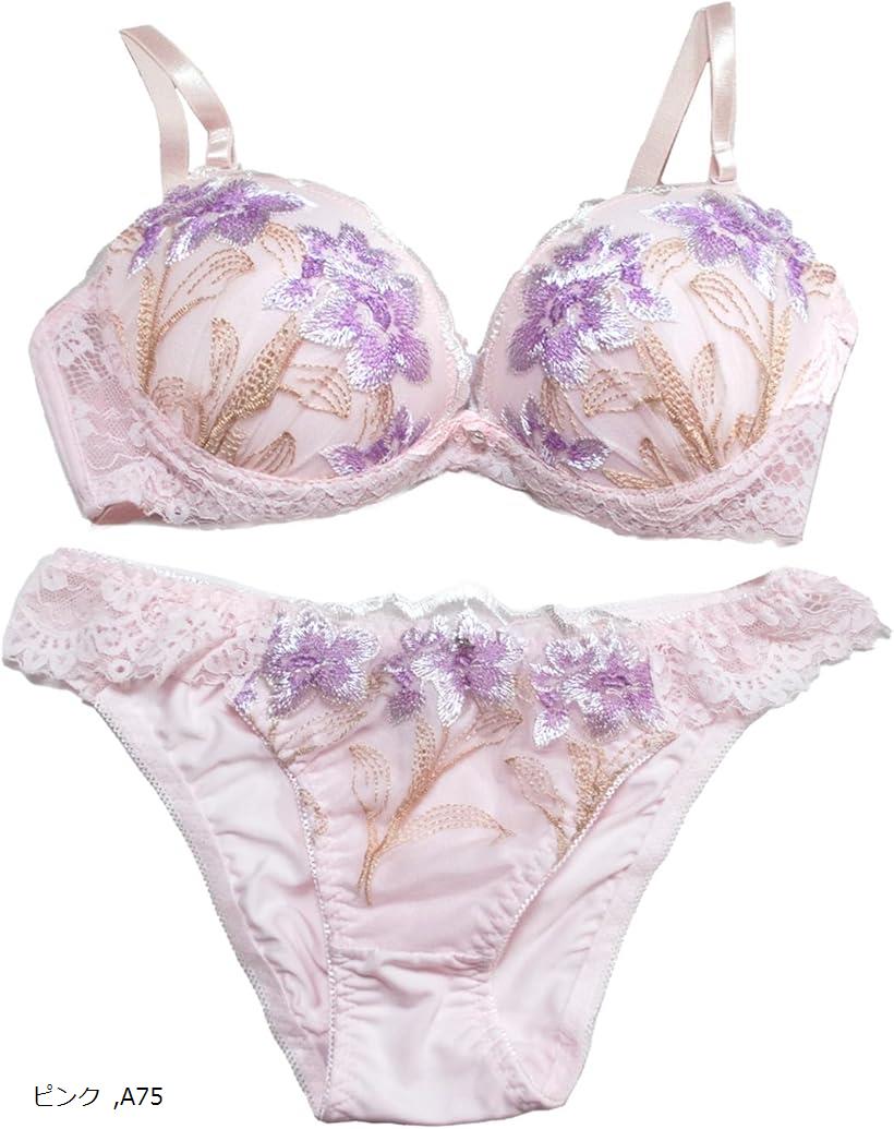 レディース ブラジャー ショーツ セット 女性 下着 花柄 刺繍 ペール フラワー(ピンク, A75)