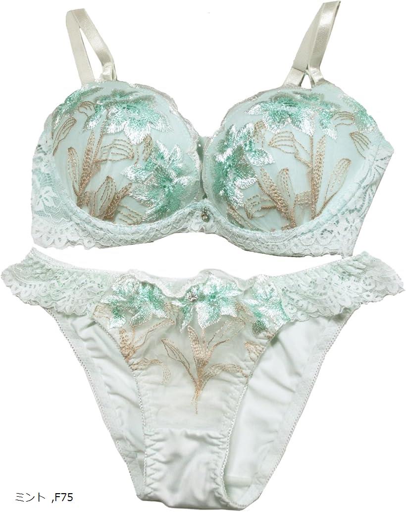 レディース ブラジャー ショーツ セット 女性 下着 花柄 刺繍 ペール フラワー(ミント, F75)