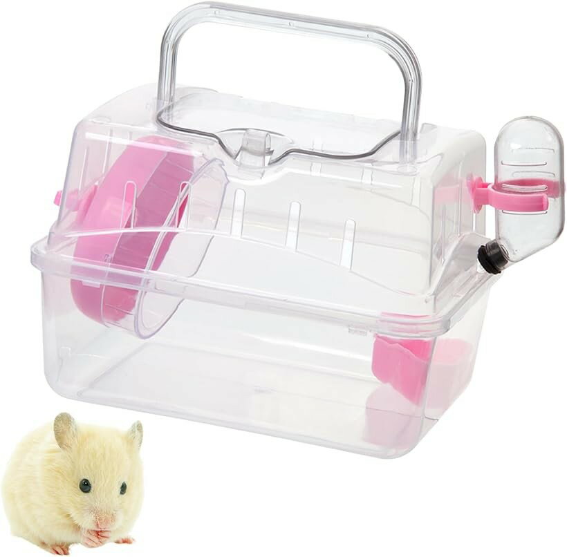 ハムスター キャリーケース 給水機付き 小動物 キャリーバッグ お出かけ ケージ 持ち運び ペットバッグ 外出用 移動用 透明 軽量 (ピンク, 小型)