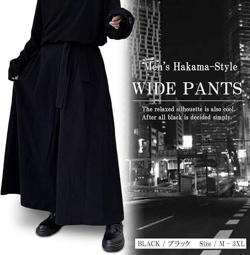 メンズ 袴パンツ ワイドパンツ 黒 モード系 ガウチョパンツ 袴ズボン (ブラック 無...