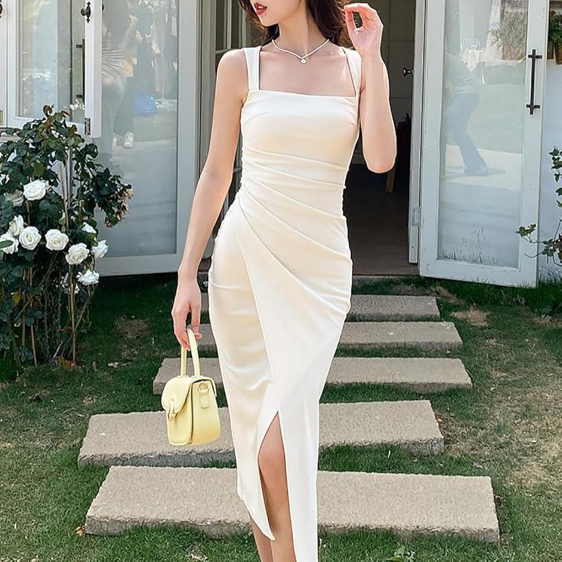 スクエアネック タイトワンピース キャバドレス 膝丈 ミモレ丈 スリット 演奏会 パーティードレス セクシー ノースリーブ 袖なし 大人 鎖骨 肩出し(ホワイト, Free Size)