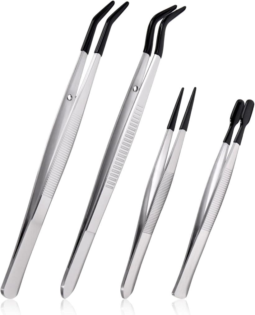 精密ピンセット ゴム 先端 平 先曲がり 細い 4本組 PVC コーティング 傷をつけにくい ステンレス製 錆びにくい 滑り止めグリップ 静電防止 (シルバー)