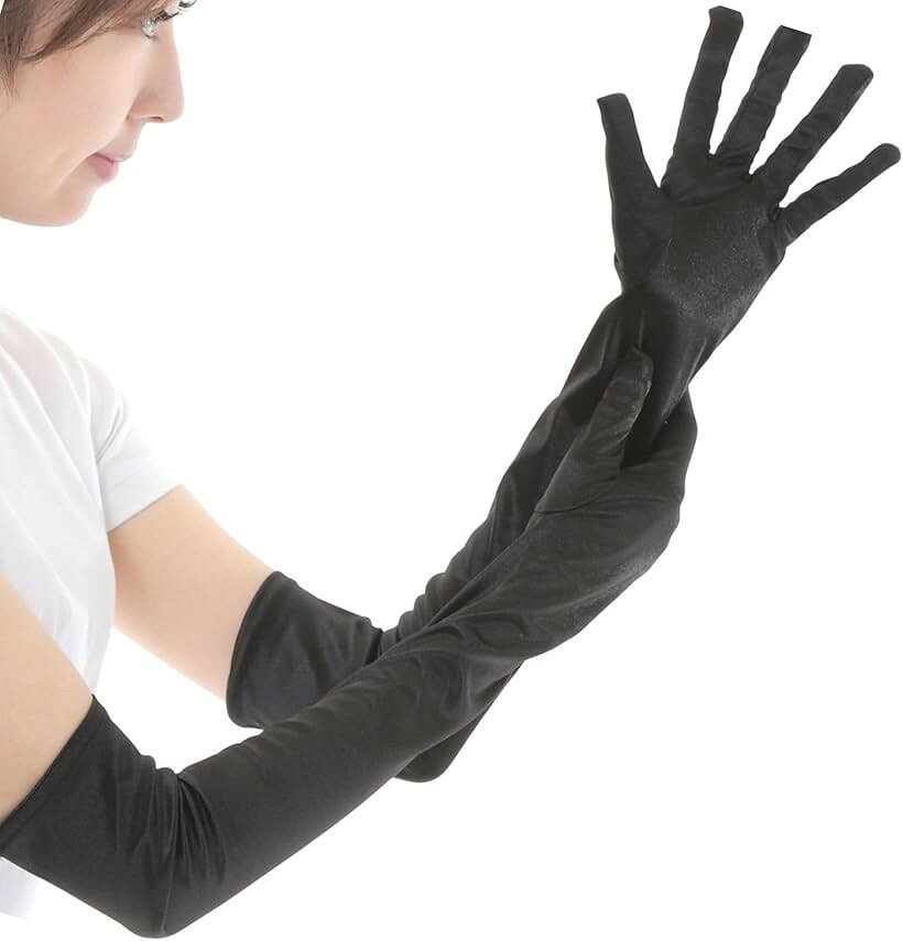ロンググローブ コスプレ ウェディング サテン 手袋 ストレッチ (ブラック, Free Size)