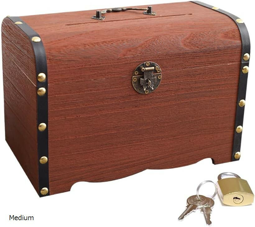 貯金箱 宝箱 鍵付き 南京錠 アンティーク 札 お札 小物入れ 収納箱 木製 ボックス 宝探し おもちゃ (Me..