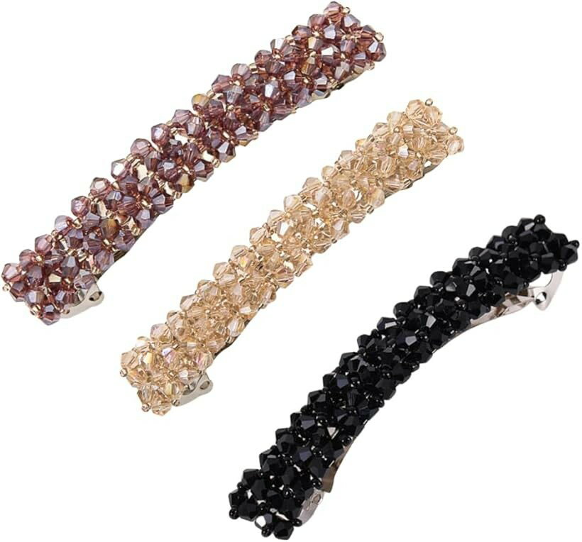 ヘアアクセサリー バレッタ 入学式 結婚式 ヘアクリップ 髪飾り 髪留め 3個セット ヘアピン バンスクリップ ビーズ ビジュー 上品 (ピンク)