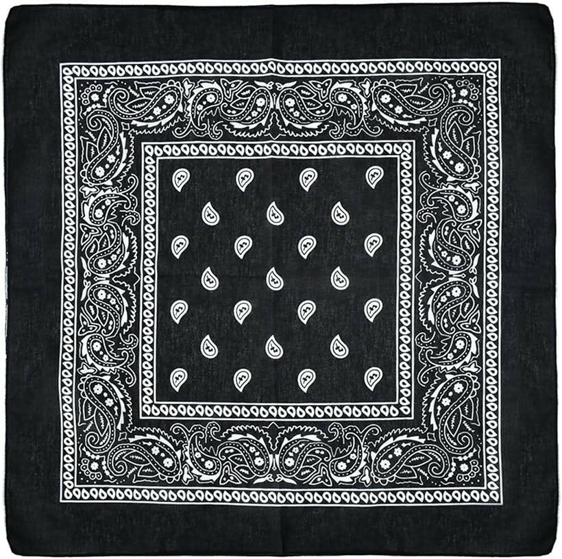 バンダナ 綿100% コットン ペイズリー 柄 ハンカチ 大判 (ブラック, 54cm x 54cm)