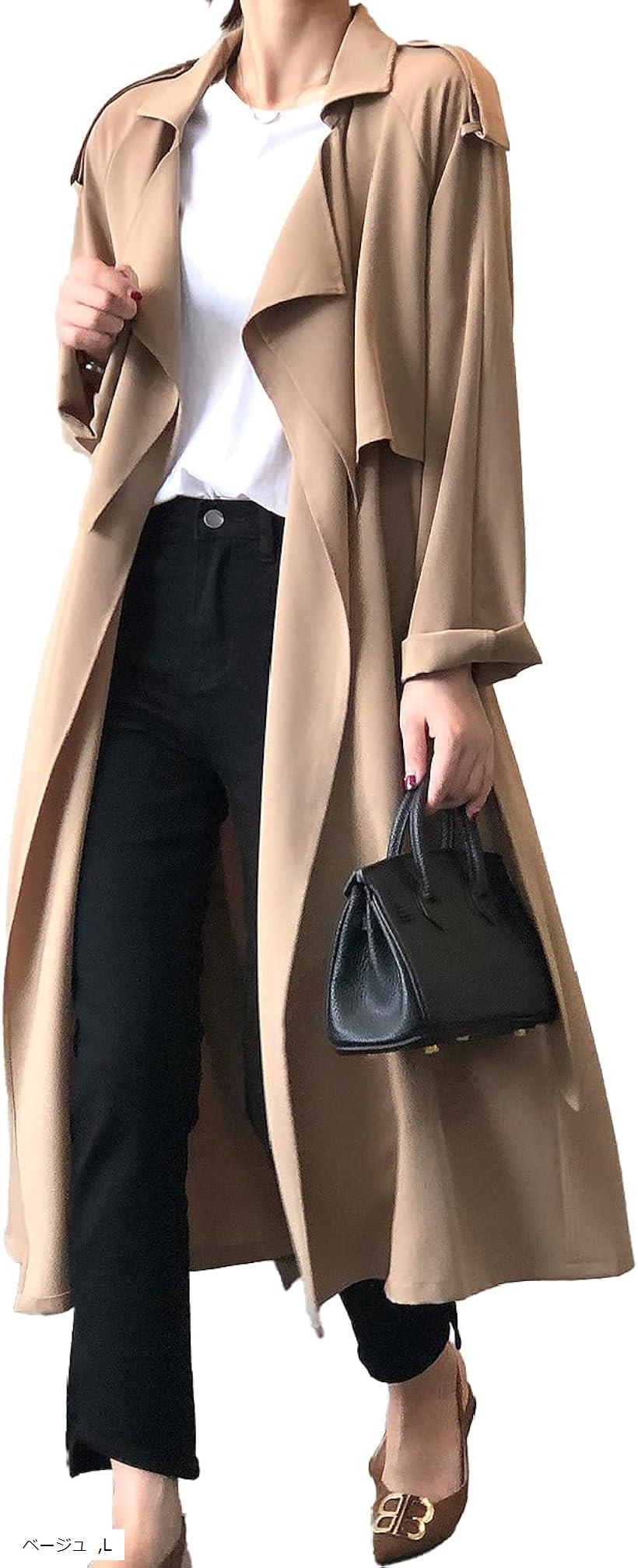 リリー ショコラ トレンチコート レディース ロング アウター 春 羽織 スプリングコート (ベージュ, L)