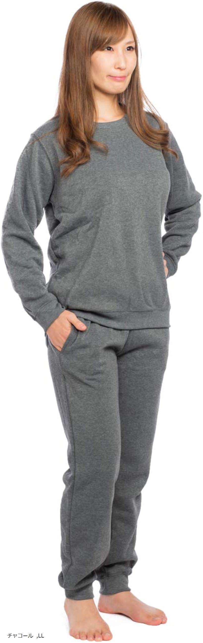 Y's factory 裏起毛 スウェット 上下セット レディース あったか ルームウェア 長袖 長ズボン トレーナー 無地 部屋着 快適 着心地 肌触り 秋 冬(チャコール, LL)