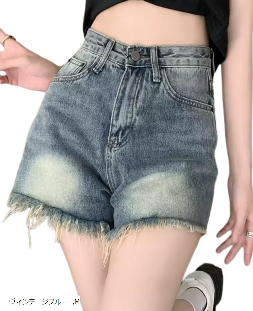 デニム ショートパンツ レディース ダメージ加工 ストレッチ 短パン ホットパンツ 夏 (ヴィンテージブルー, M)