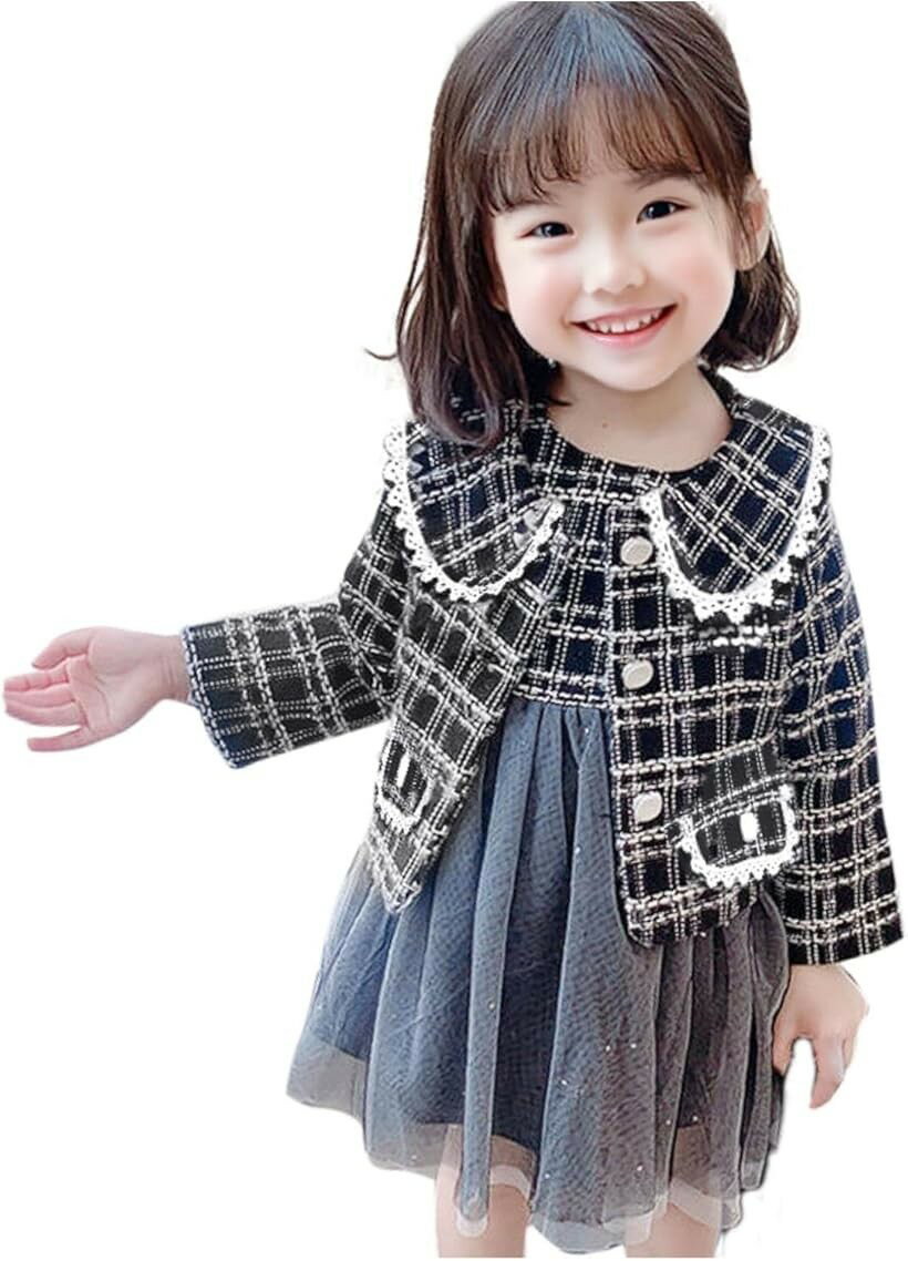 キッズ フォーマル 女の子 ワンピース ドレス チェック柄 ガールズ ジャケット 子供服 長袖 入園式 卒園式 入学式 七五三 結婚式 発表会 (ブラック, 120)