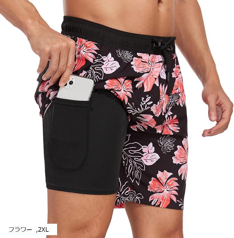 水着 メンズ 海パン インナー付き 一体型 ポケット サーフ パンツ 伸縮性 水陸両用 スポーツ 速乾 2in1 (フラワー, 2XL)