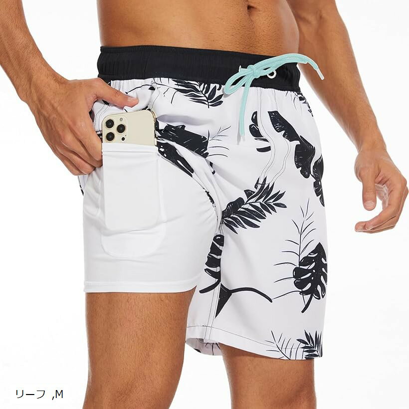 水着 メンズ 海パン インナー付き 一体型 ポケット サーフ パンツ 伸縮性 水陸両用 スポーツ 速乾 2in1 (リーフ, M)