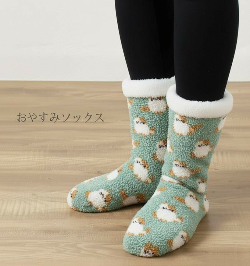 エンプティオ おもしろ柄 モコモコ 動物 おやすみ ソックス くつした レディース 暖かい 温かい かわいい ゆったり ゴム緩め ルーズ 疲れにくい 裏起毛 ゆるめ 緩い 夜用 (ねこミントグリーン, Free Size)
