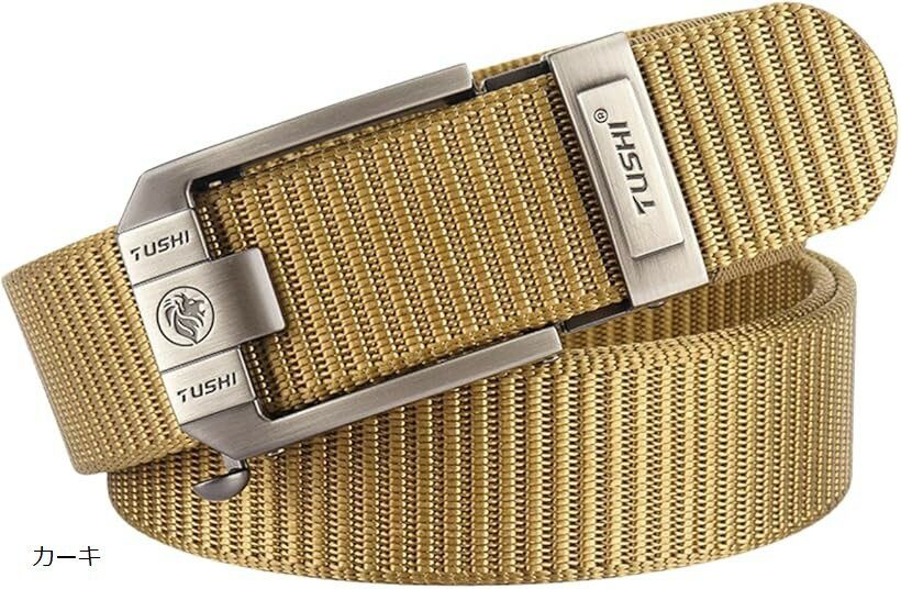 ナイロンベルト メンズ サバゲー 穴なし バックル オートロック式 カジュアル アウトドア 大きいサイズ 無段階調節 丈夫 ミリタリー 作業用 (カーキ)