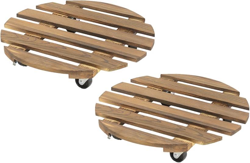 植木鉢台 スタンド 花台 鉢置き室内室外兼用 可動式 丸い 木製 北欧風 2個セット (ブラウン)