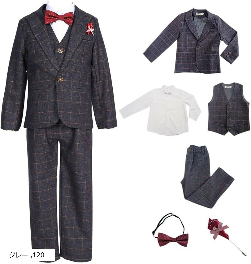キッズ フォーマル スーツ 男の子 6点セット 入園式 卒園式 入学式 発表会 七五三 セットアップ ジャケット ベスト 子供服 チェック柄 (グレー, 120)