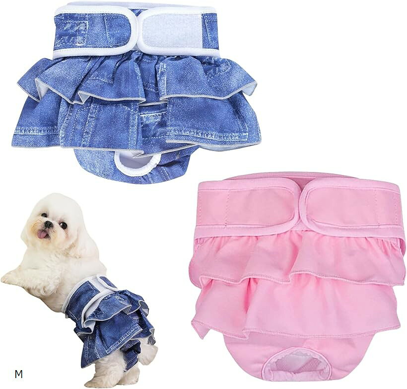 犬用 ペット マナーベルト 2枚セット メス用 洗濯可 高吸収性 調整可能 (デニム+ピンク, M)