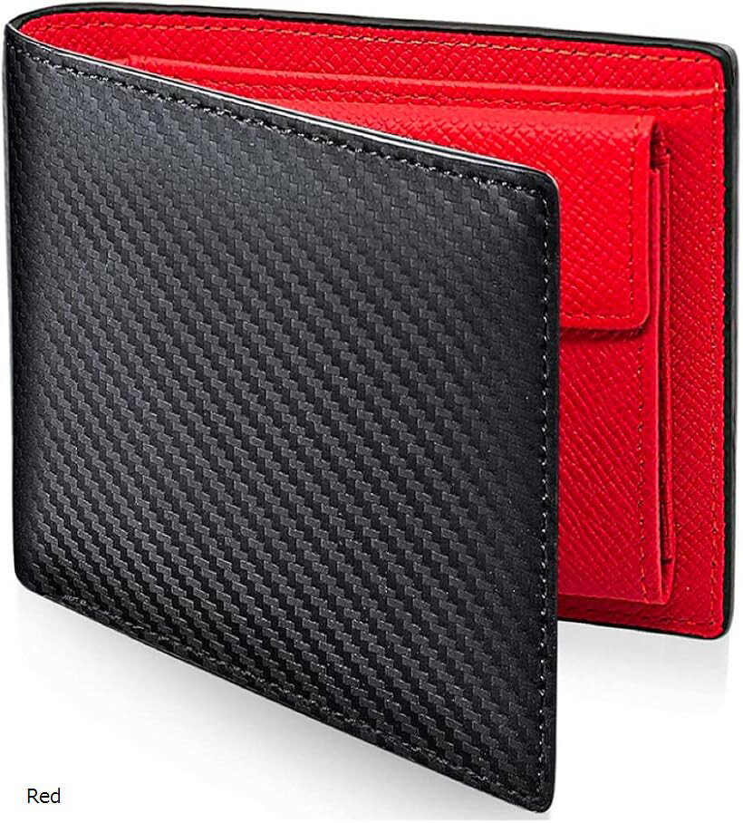 C, L, R, W - 財布 二つ折り 2つ折り 折財布 カーボンレザー メンズ 薄型 薄い 本革 (Red)