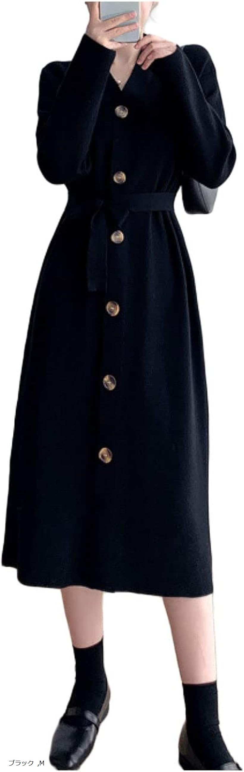 リリー ショコラ ニットワンピース 秋冬 きれいめ 長袖 レディース vネック ロング丈 セクシー 上品 大人 綺麗 体型カバー スリム スタイリッシュ 細見え オフィス カジュアル 部屋着 二次会 お呼ばれ パーティ (ブラック, M)