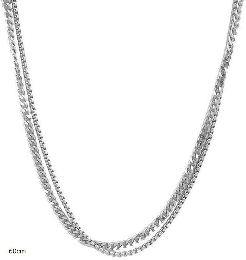ロングチェーンネックレス 二連チェーン ステンレス 重ね着け風 メンズ 人気アクセサリー (60cm)