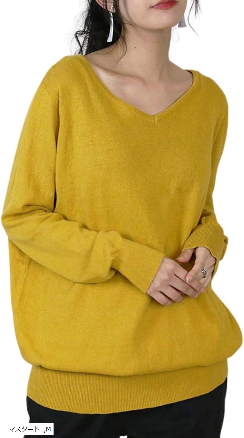 Vネック ニット レディース セーター 長袖 コットン 綿 100 トップス 体型カバー ゆったり 無地 カジュアル きれいめ 上品 秋冬 春 洗える デイリー オフィス (マスタード, M)