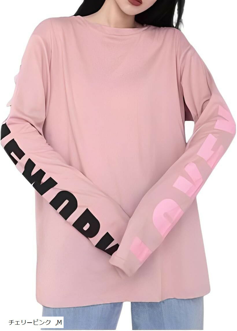 エンプティオ 長袖 プリントtシャツ ゆるtシャツ ロング レディース レイヤード キレイメ ユッタリ インナー カッコイイ 丸首 オシャレ オーバーサイズ トロミ 丈長め (チェリーピンク, M)