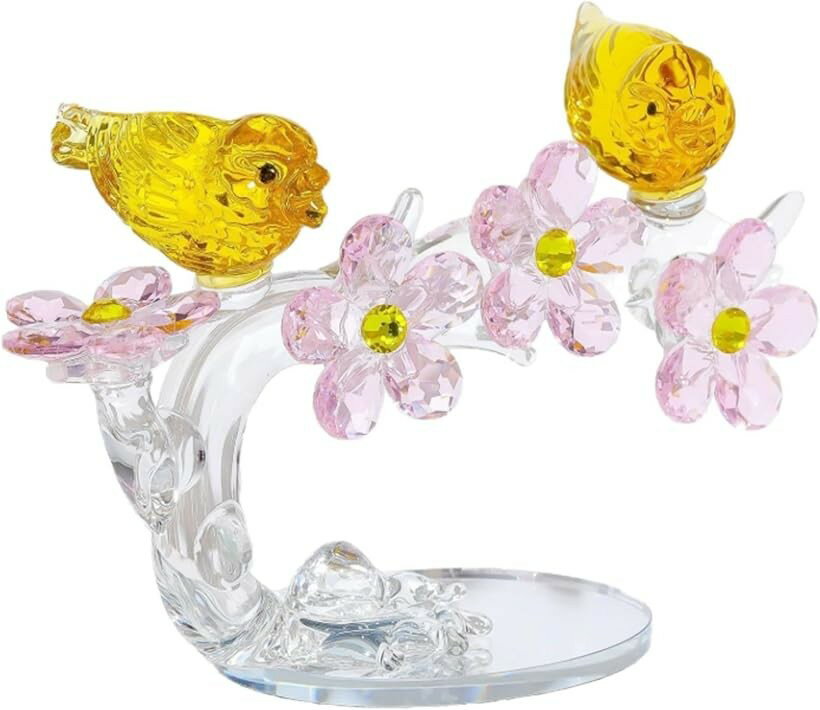 クリスタル 花 鳥 ガラス 置物 オーナメント 記念日 結婚祝い 母の日 誕生日 プレゼント 本棚 玄関 窓辺 リビング 装飾 サンキャッチャー フラワー ガラス細工 (イエロー, 長さ12cmx高さ8.2cmx幅4.5cm)