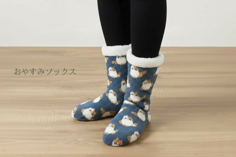 エンプティオ おもしろ柄 モコモコ 動物 おやすみ ソックス くつした レディース 暖かい 温かい かわいい ゆったり ゴム緩め ルーズ 疲れにくい 裏起毛 ゆるめ 緩い 夜用 (ねこブルー, Free Size)