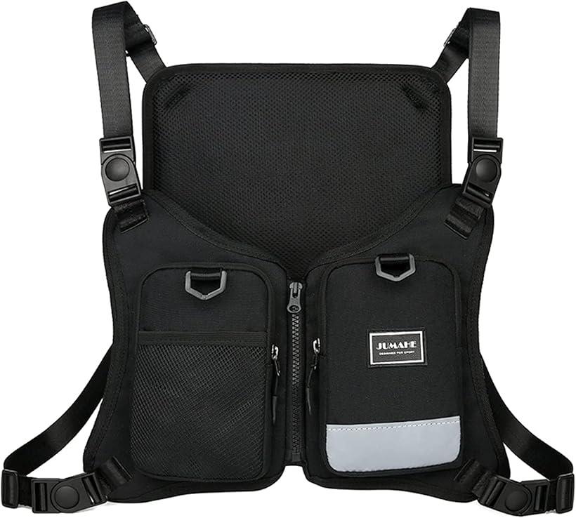 チェストバッグ ランニングバッグ フィッシング 着るリュック 登山 釣り スマホ 携帯収納 チェストリグ サバゲー 透気 (ファスナー-ブラック, 縦:27cm 横:46cm 奥行き:3cm)