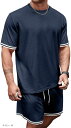 セットアップ ルームウェア 上下セット 半袖 Tシャツ ハーフパンツ 短パン スポーツウェア 部屋着 リラックス 寝巻き メンズ (ネイビー, M)