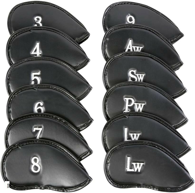 ゴルフ アイアンカバー ヘッドカバー PUレザー 12点セット 番手表示 ウェッジ対応 防水 耐摩耗 (黒)