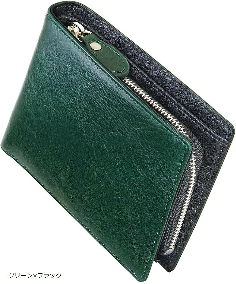 DO Dean Olsen 職人による手作り 人気ブランド 財布 メンズ オイルドレザー 本革 コンパクト 二つ折り財布 メンズ財布 折りたたみ財布 男性 紳士用 ギフトBOX入り プレゼント 父の日 (グリーンxブラック)