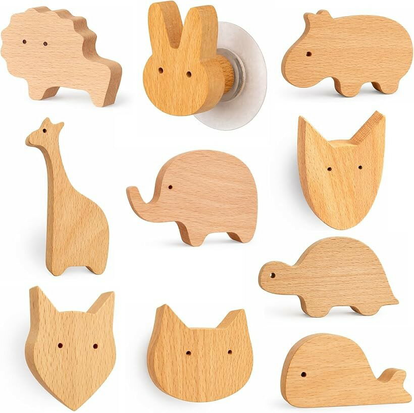 木製 壁掛け フック 北欧 可愛い 動物 10種セット おしゃれ ウォールフック 穴あけ不要 ネジ対応 子供部屋 動物10種-A (木材色)