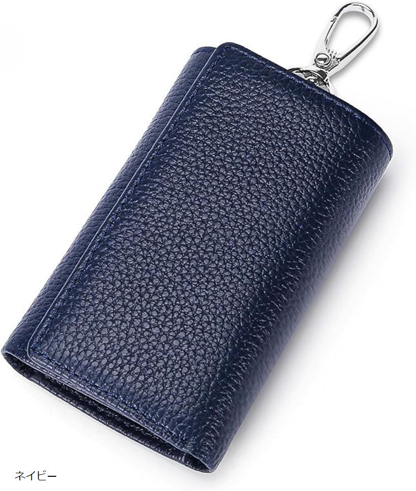 キーケース 財布一体型 メンズ カードキーケース 3つ折り 本革 牛革 車 6連キーホルダー 紙幣入れ カラビナ付 大容量 多機能 (ネイビー)