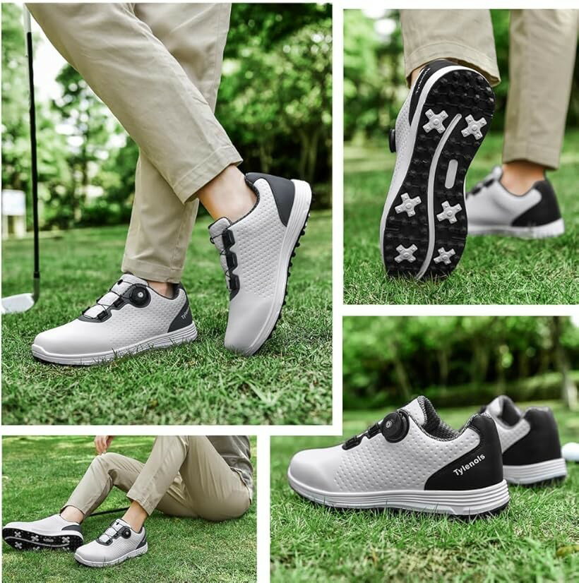 ゴルフシューズ メンズ ダイヤル式 ワイヤー スパイクレス しっかりとしたホールド感 ラウンド 軽量 通気 防水 滑りにくい (ブラック, 27.5 cm)