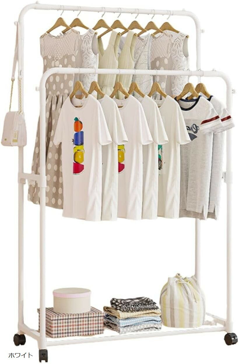 D.Stomo ハンガーラック キャスター付き ダブルハンガーラック ちょいがけ ちょい置き 無駄なし設計 室内物干し (ホワイト, 幅80cm 高さ140cm)