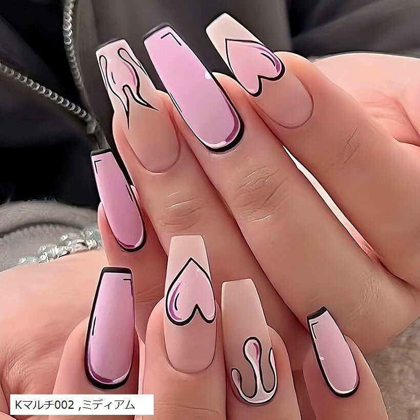 ネイルチップ 韓国 子供 ギャル ミディアム 付け爪 長い 可愛い バレリーナ コギャル 手作り (Kマルチ002, ミディアム)