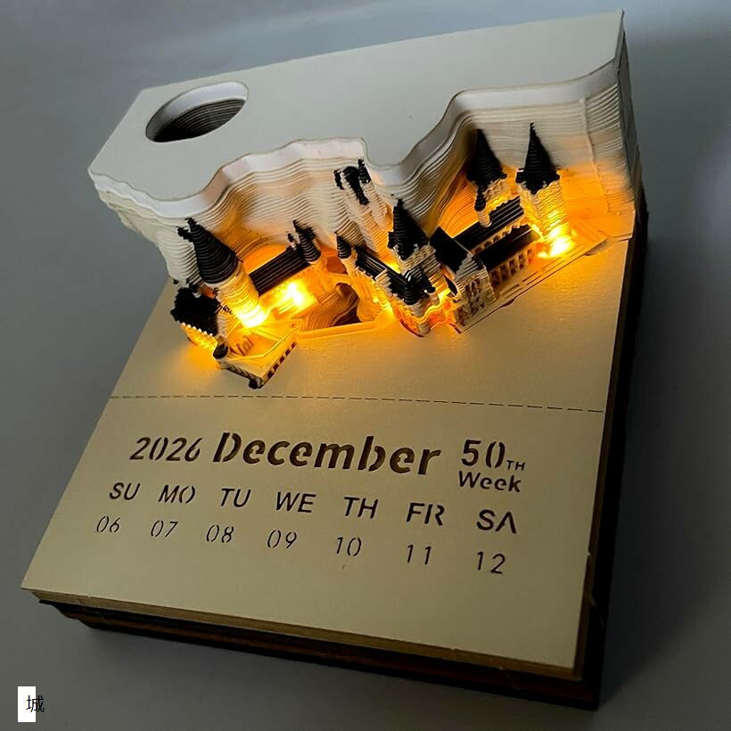 3Dカレンダー 2026 城 ライト付き 立体カレンダー メモ帳 インテリア 雑貨 装飾 卓上 (城)