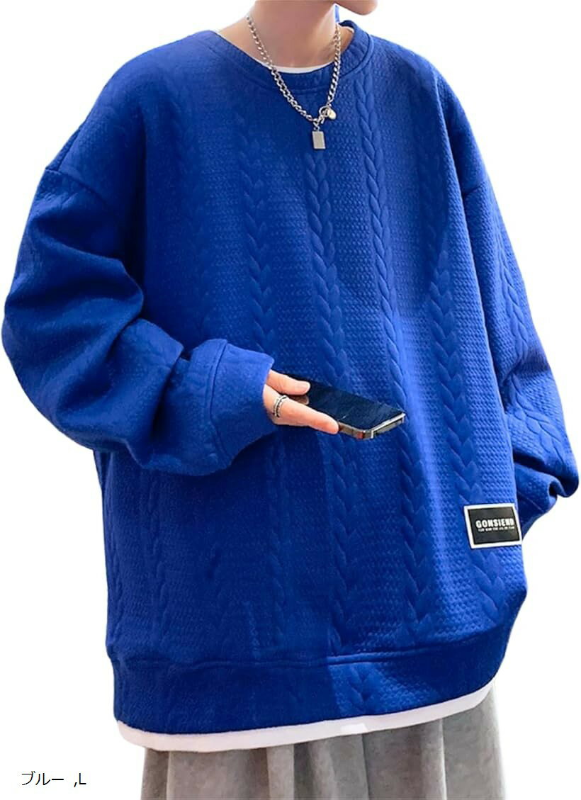 ゆったり トレーナー メンズ 重ね着風 長そでTシャツ 秋服 トップス プルオーバー 長袖 丸襟 カジュアル 襟なし 無地 立体柄 フェイクレイヤード (ブルー, L)