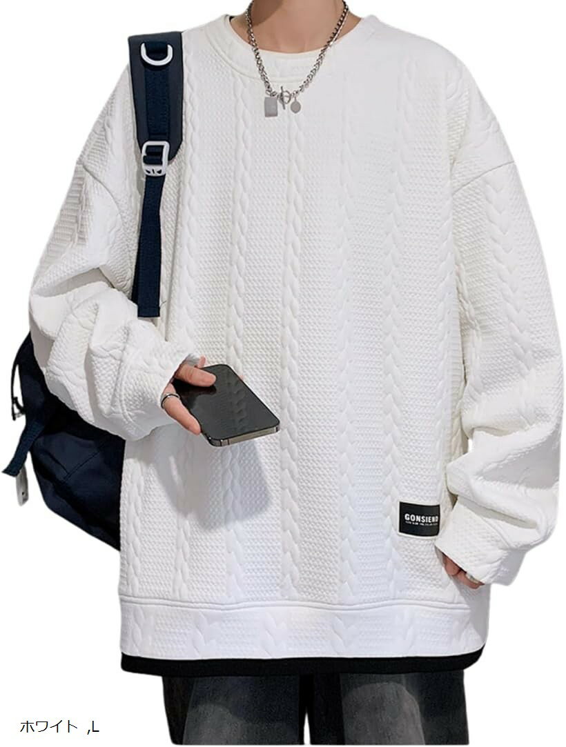 ゆったり トレーナー メンズ 重ね着風 長そでTシャツ 秋服 トップス プルオーバー 長袖 丸襟 カジュアル 襟なし 無地 立体柄 フェイクレイヤード (ホワイト, L)