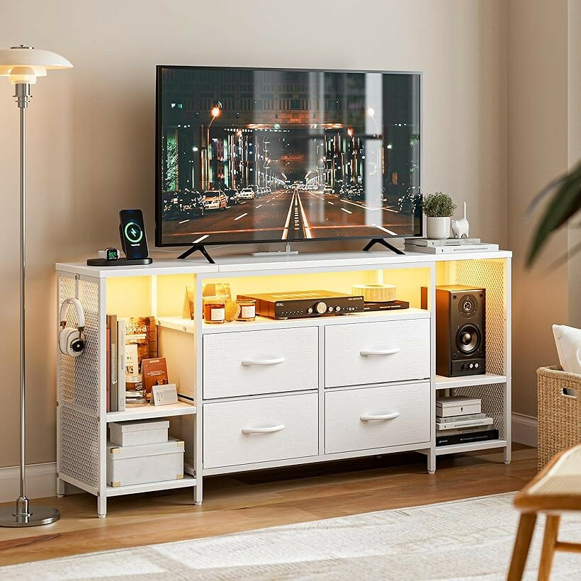 テレビ台 テレビボード 収納チェストロータイプ棚付き 引き出し付き ローボード テレビラックワイドチェスト大容量収納 tv台 可動棚 オープン収納 55型まで対応 省スペース 北欧 おしゃれ (ホワイト, 幅135x奥行30x高さ63cm)