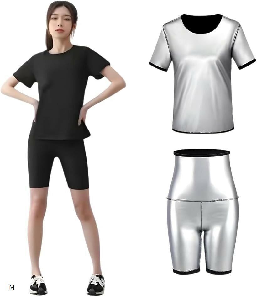 サウナスーツ 上下 セット レディース 半袖 5分丈 パンツ 洗濯可 スパッツ 発汗 ダイエット ランニング 筋トレ インナー ジム ジョギング (ブラック/シルバー, M)の商品画像