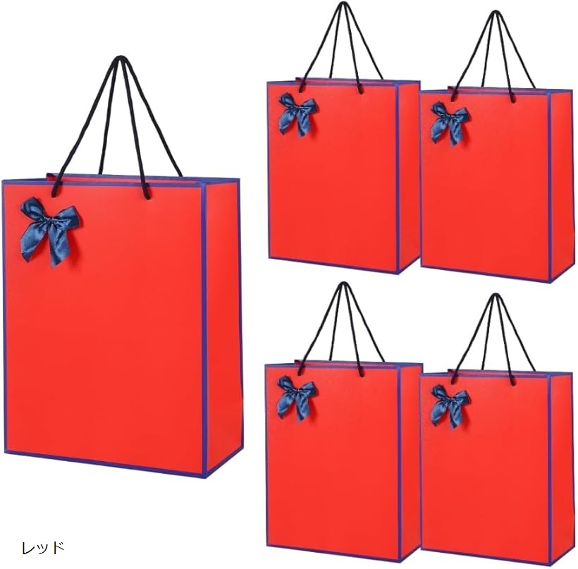 紙袋 手提げ プレゼント ギフト袋 ギフトバッグ ラッピング 引き出物 リボン付き 5袋セット (レッド, 26cmx12cmx32cm)